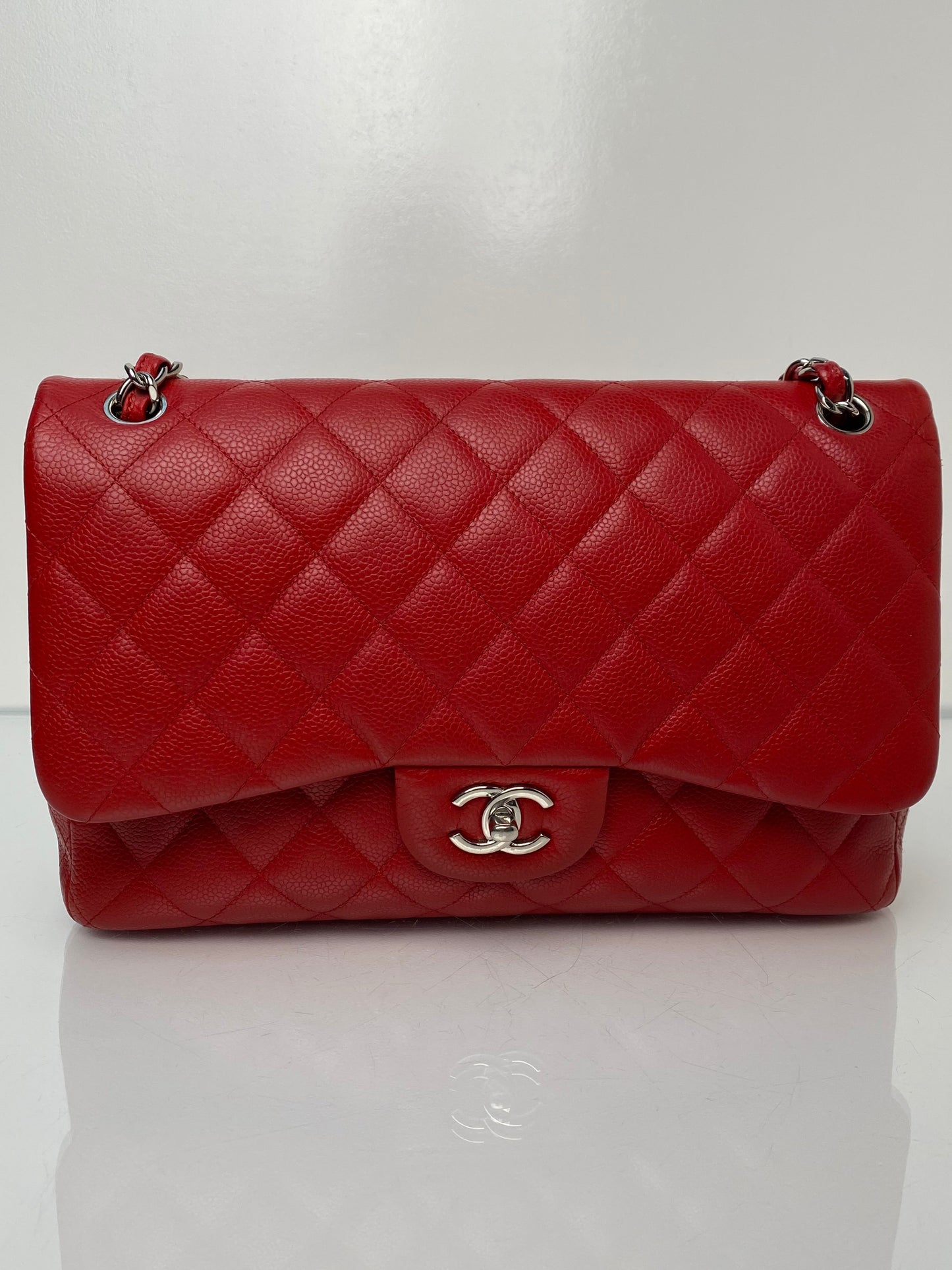 Chanel Red Caviar Quilted Jumbo Double Flap Bag SHW #19