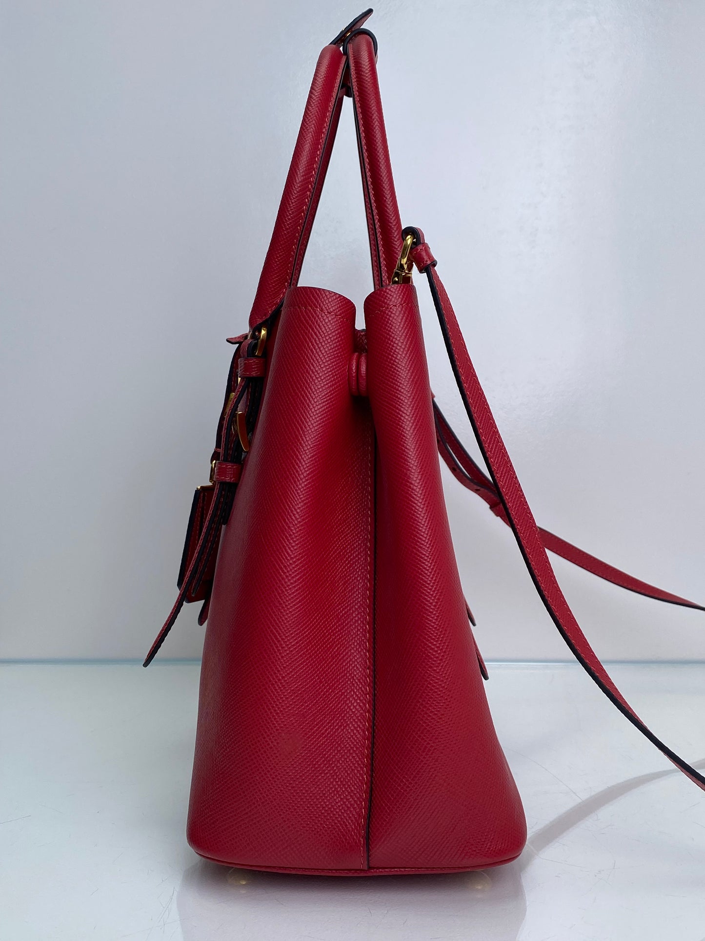 Prada Red Saffiano Cuir Double Tote Bag GHW