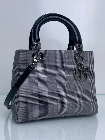 Christian Dior Grey Houndstooth & Black Patent Lady Dior Bag SHW