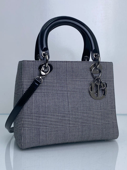 Christian Dior Grey Houndstooth & Black Patent Lady Dior Bag SHW