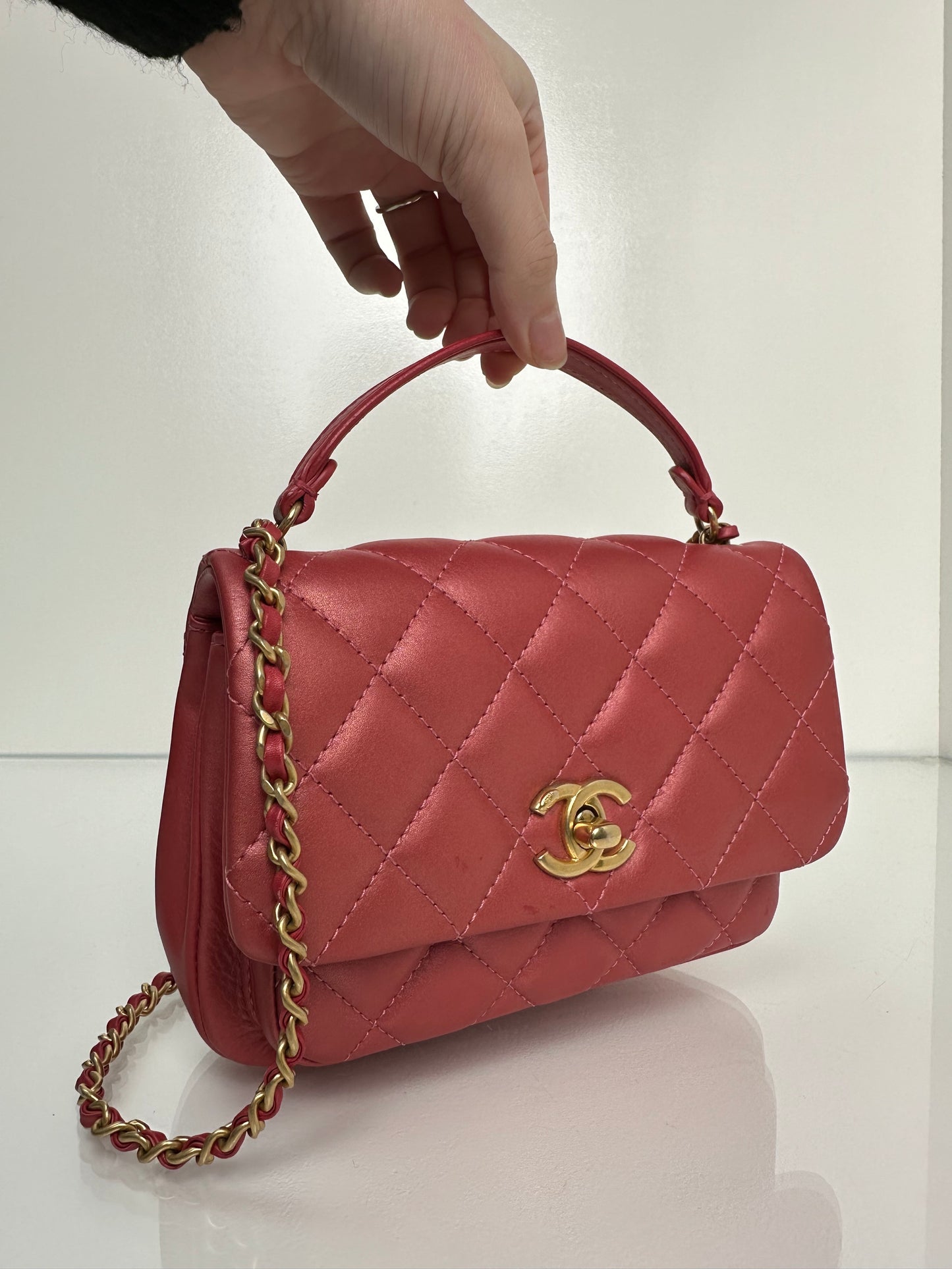 Chanel Small Metallic Pink Top Handle Crossbody