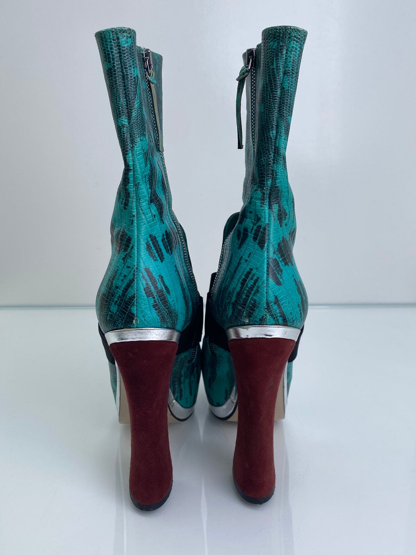 Miu Miu Teal, Black, & Burgundy Exotic Platform Boot Heels, 38