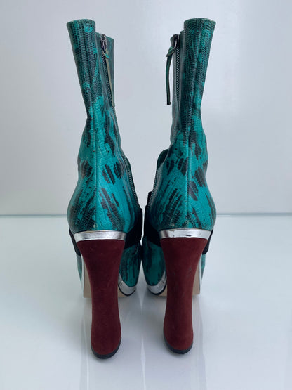 Miu Miu Teal, Black, & Burgundy Exotic Platform Boot Heels, 38