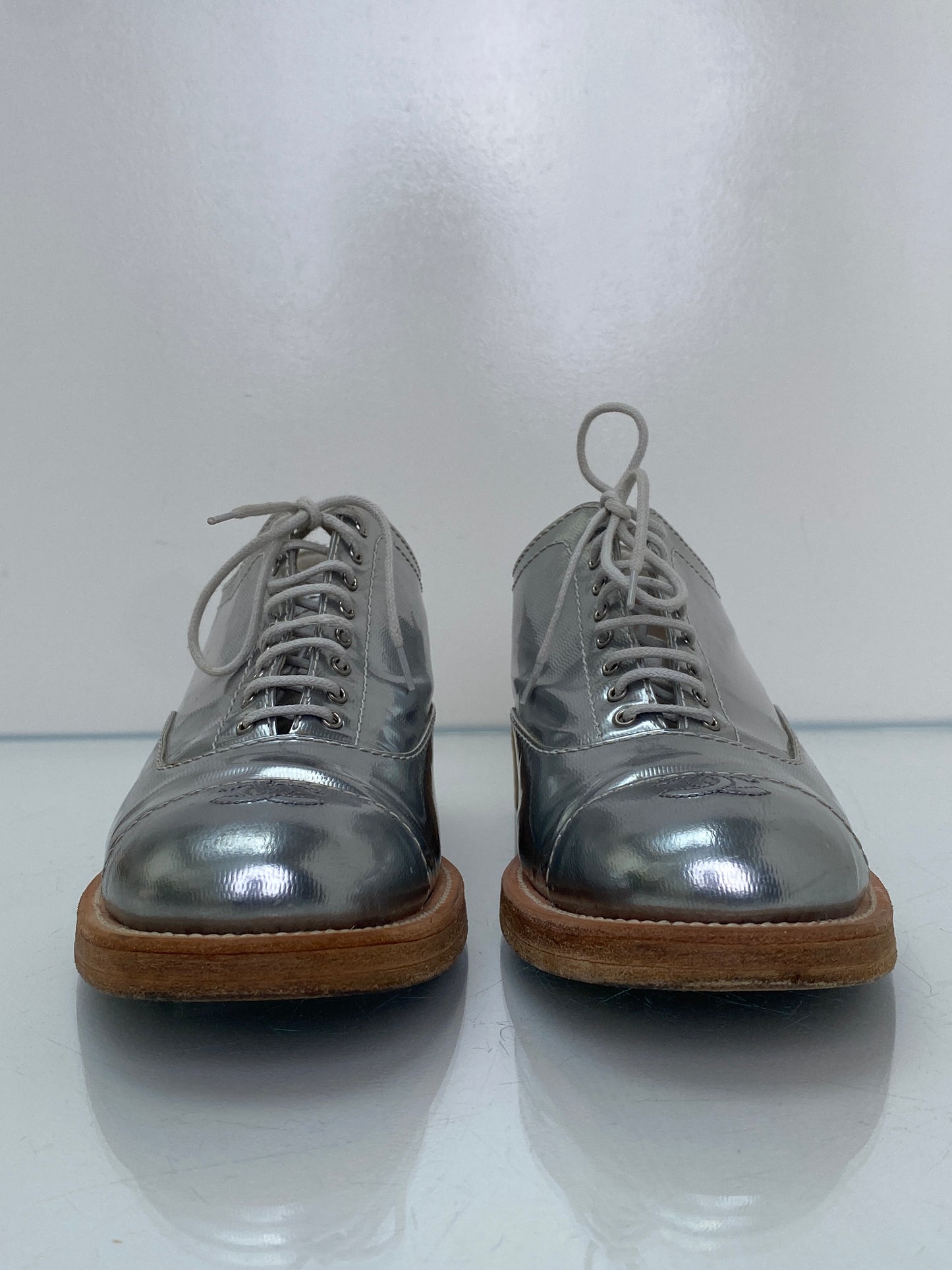 Chanel Silver CC Lace Up Oxfords, 40.5