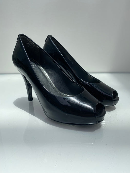 Stuart Weitzman Black Patent Peep Toe Heels, 6M