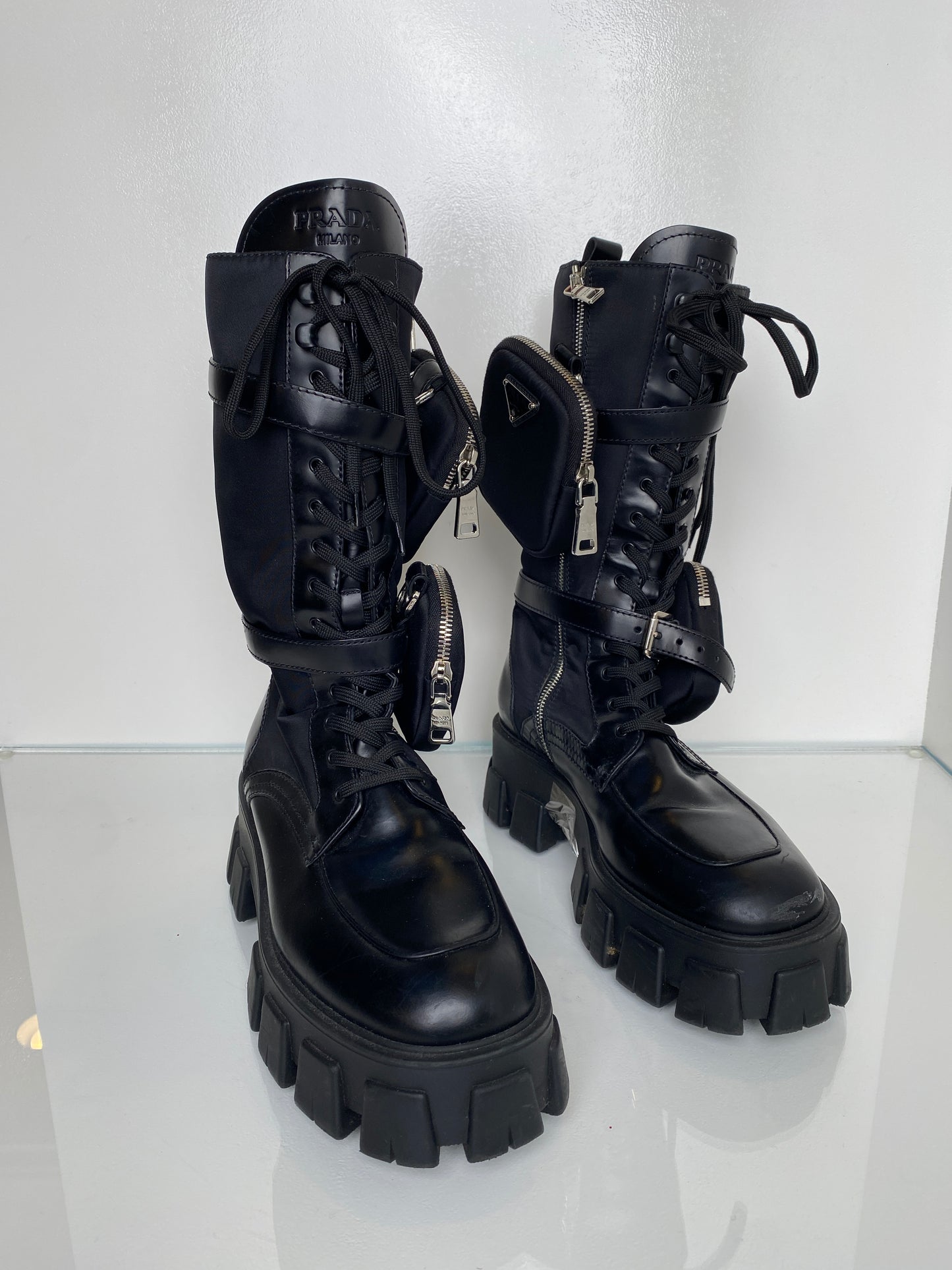 Prada Monolith Nylon Black Tall Boots, 41