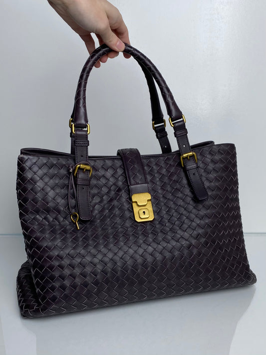 Bottega Veneta Dark Eggplant/Brown Intrecciato Roma Tote Bag GHW