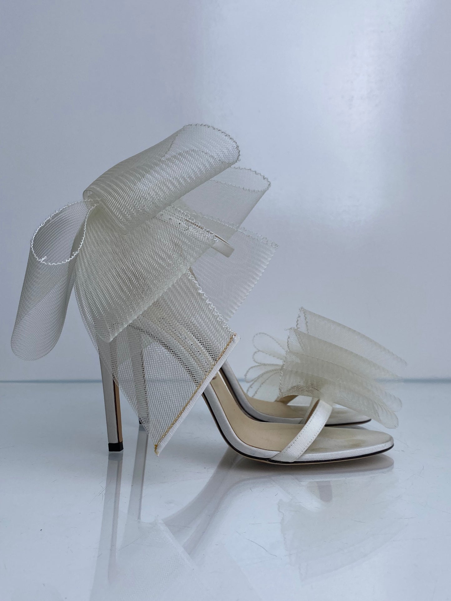 Jimmy Choo Cream Satin & Tulle Bow Heels, 39.5