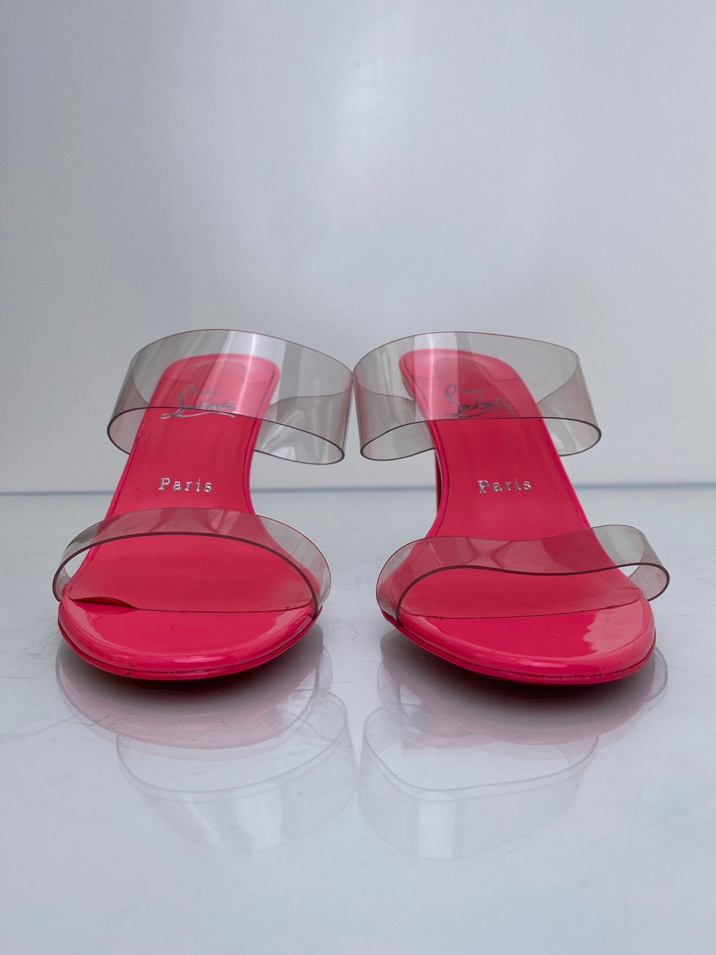 Christian Louboutin  Pink &PVC Just Nothing 85 Mules, 40