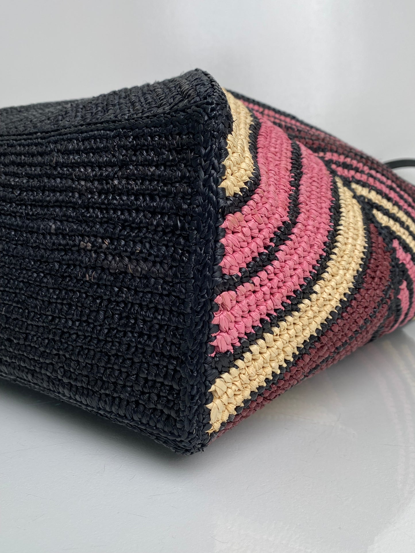 Loewe Pink, Black, & Tan Raffia Puzzle Fold Medium Tote Bag