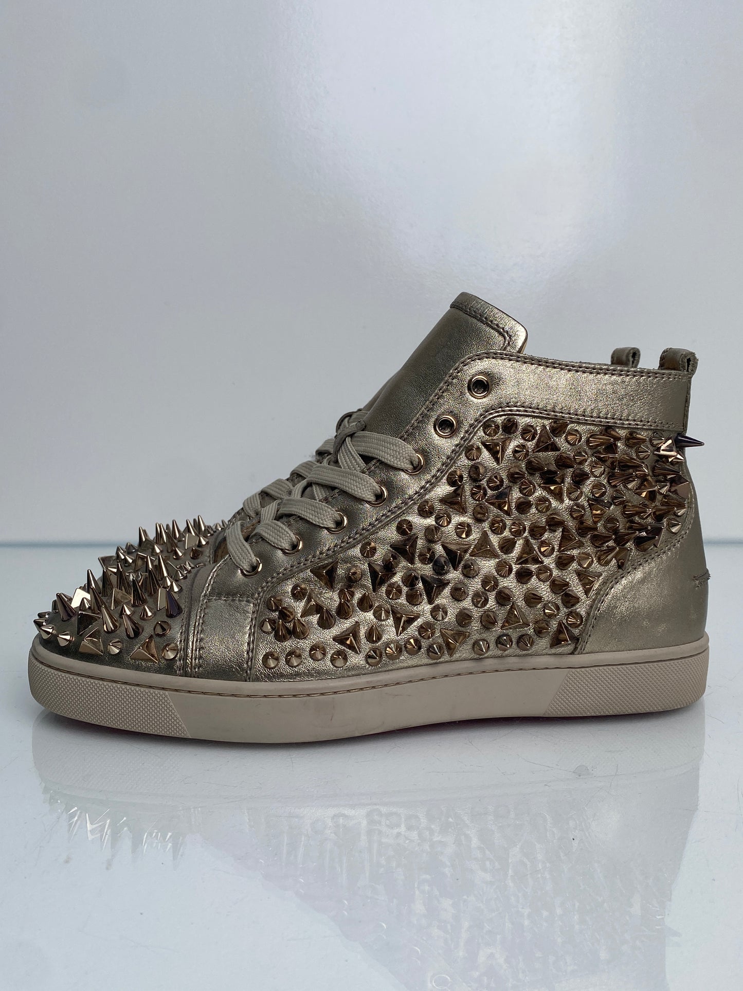 Christian Louboutin Silver Leather Spiked High-Top Sneakers, 43