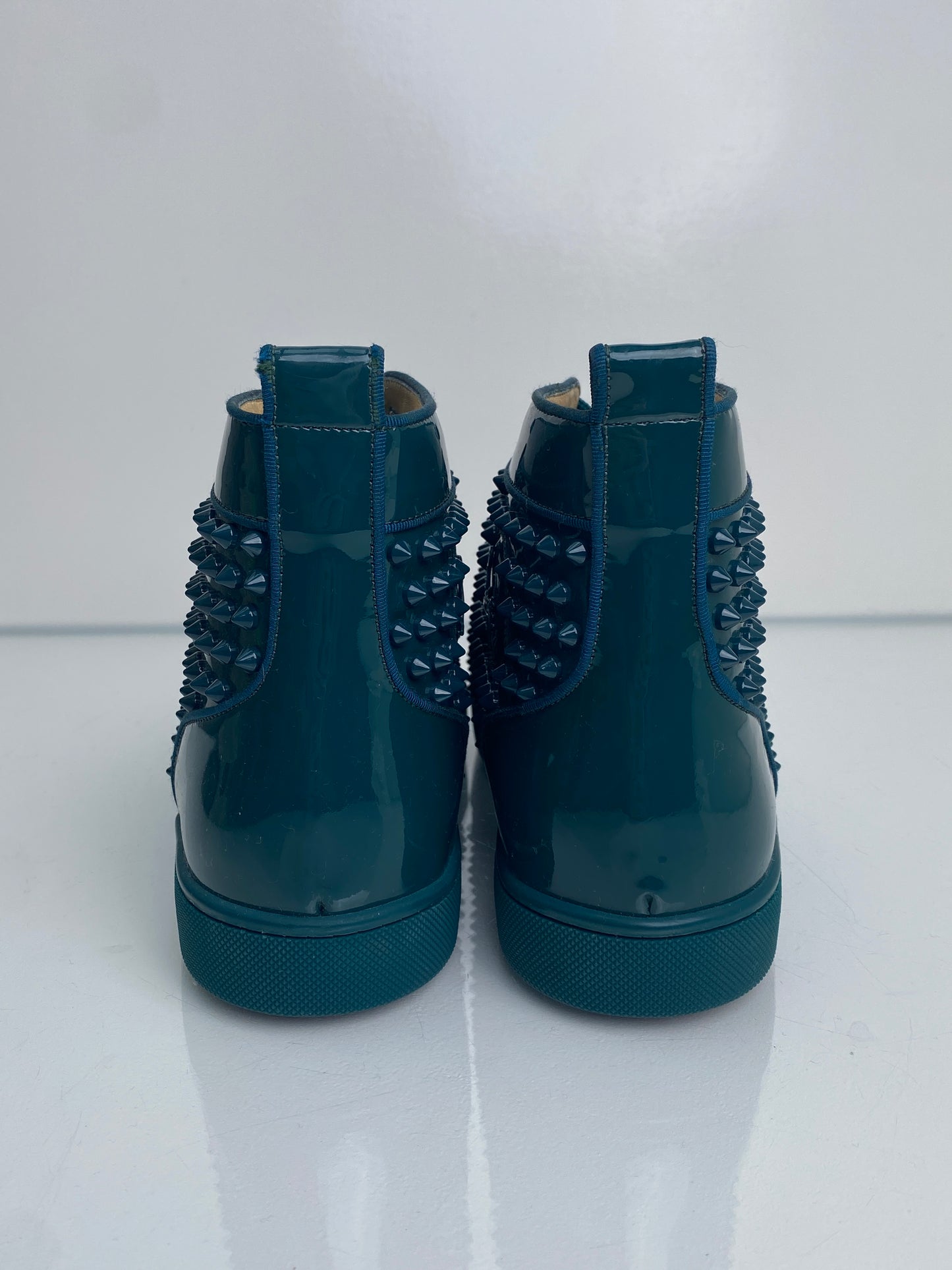 Christian Louboutin Dark Teal Spiked Patent Leather High-Top Sneakers, 43