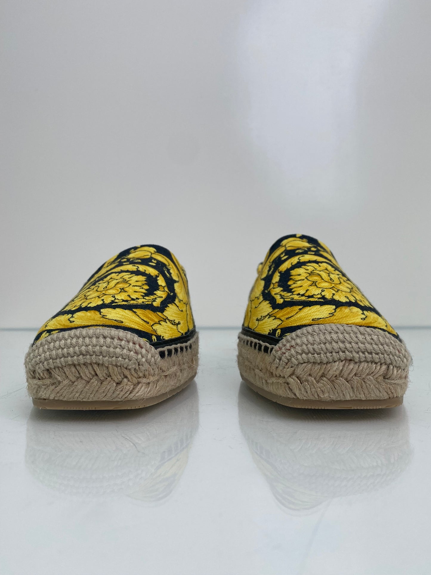 Versace Gold & Black Patterned Canvas Espadrille Flats, 39