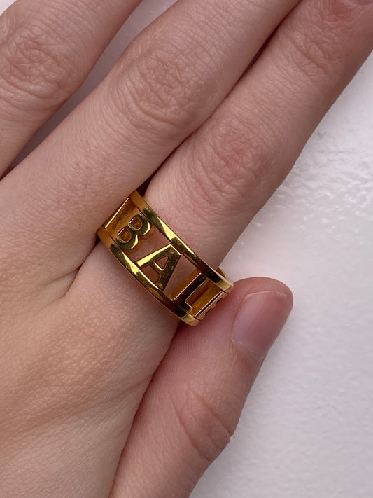 Balenciaga Gold Tone Logo Ring, 8.5