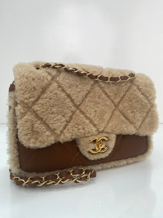 Chanel Camel & Shearling Medium Flap Bag GHW