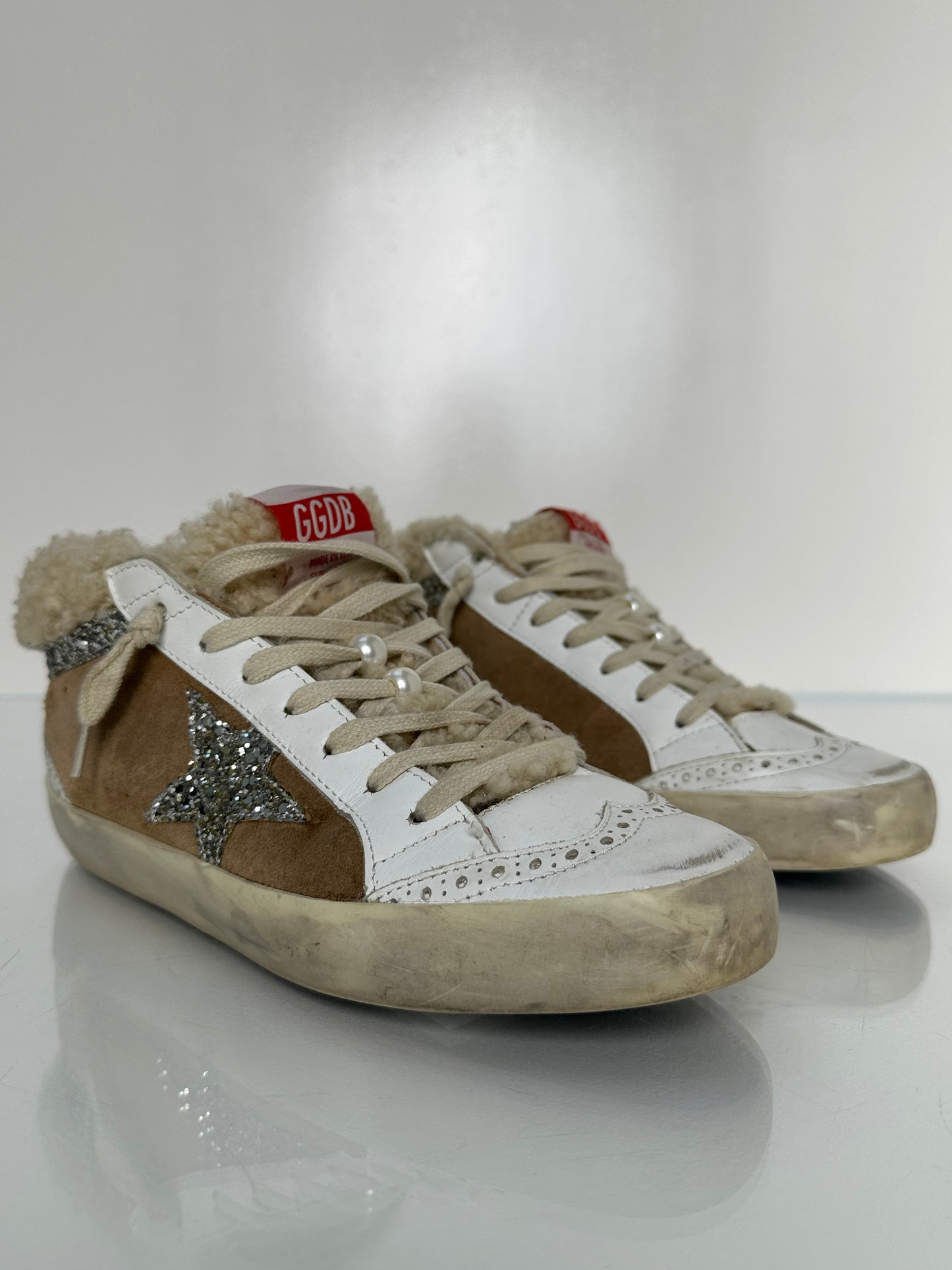 Golden Goose White Leather,  Brown Suede, & Sherpa  High Top Sneakers, 37