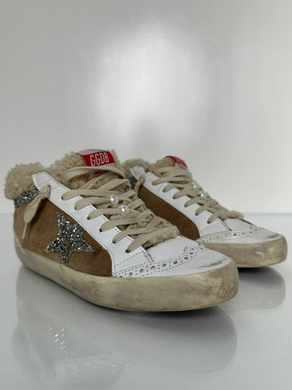 Golden Goose White Leather,  Brown Suede, & Sherpa  High Top Sneakers, 37