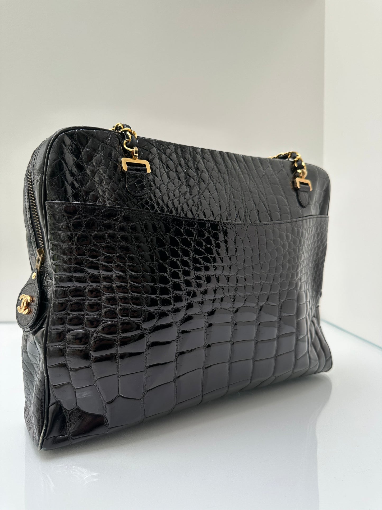 Chanel Black Shiny Crocodile Tote Bag GHW