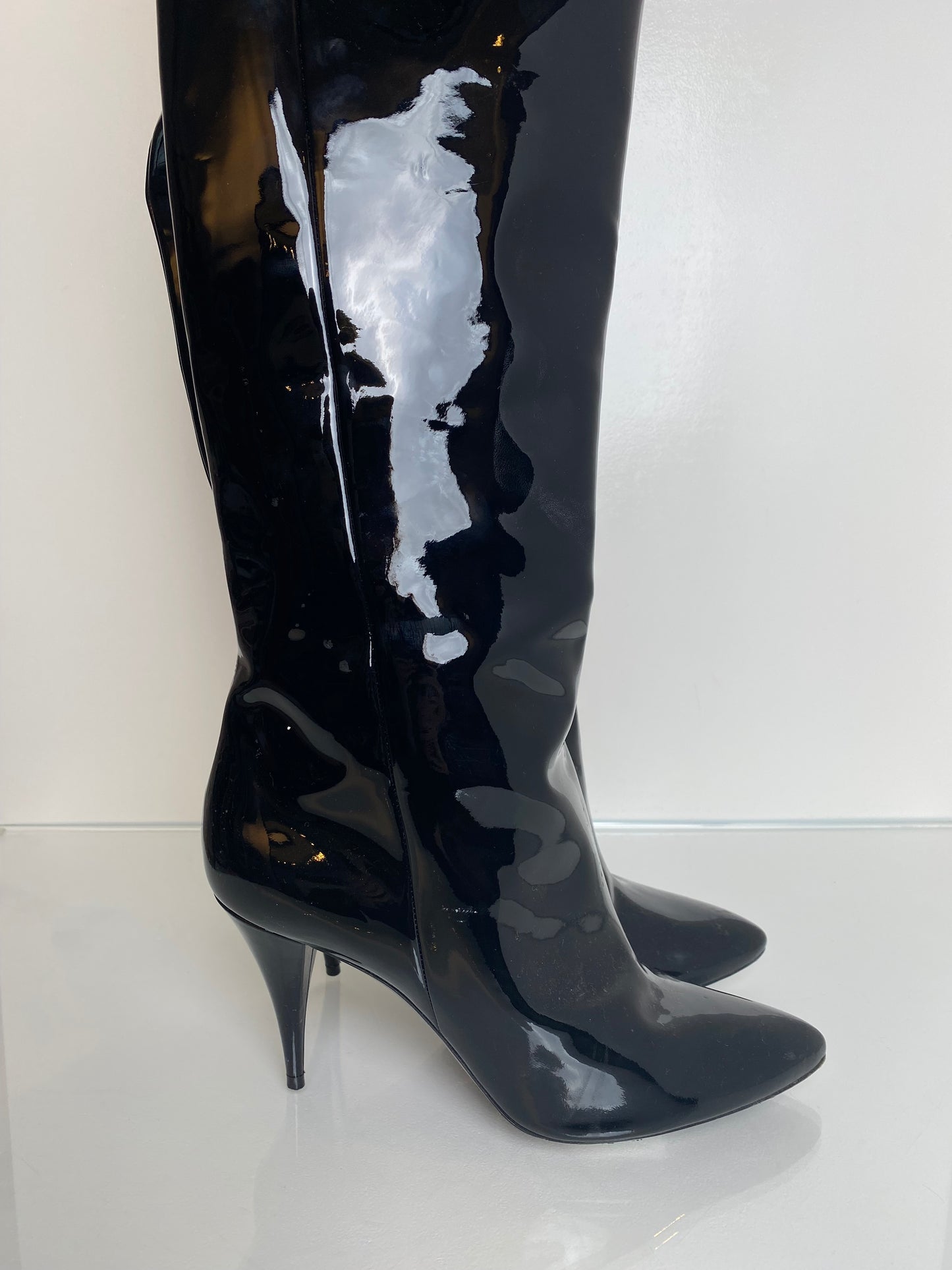 Saint Laurent Black Patent Over The Knee Boots, 40.5