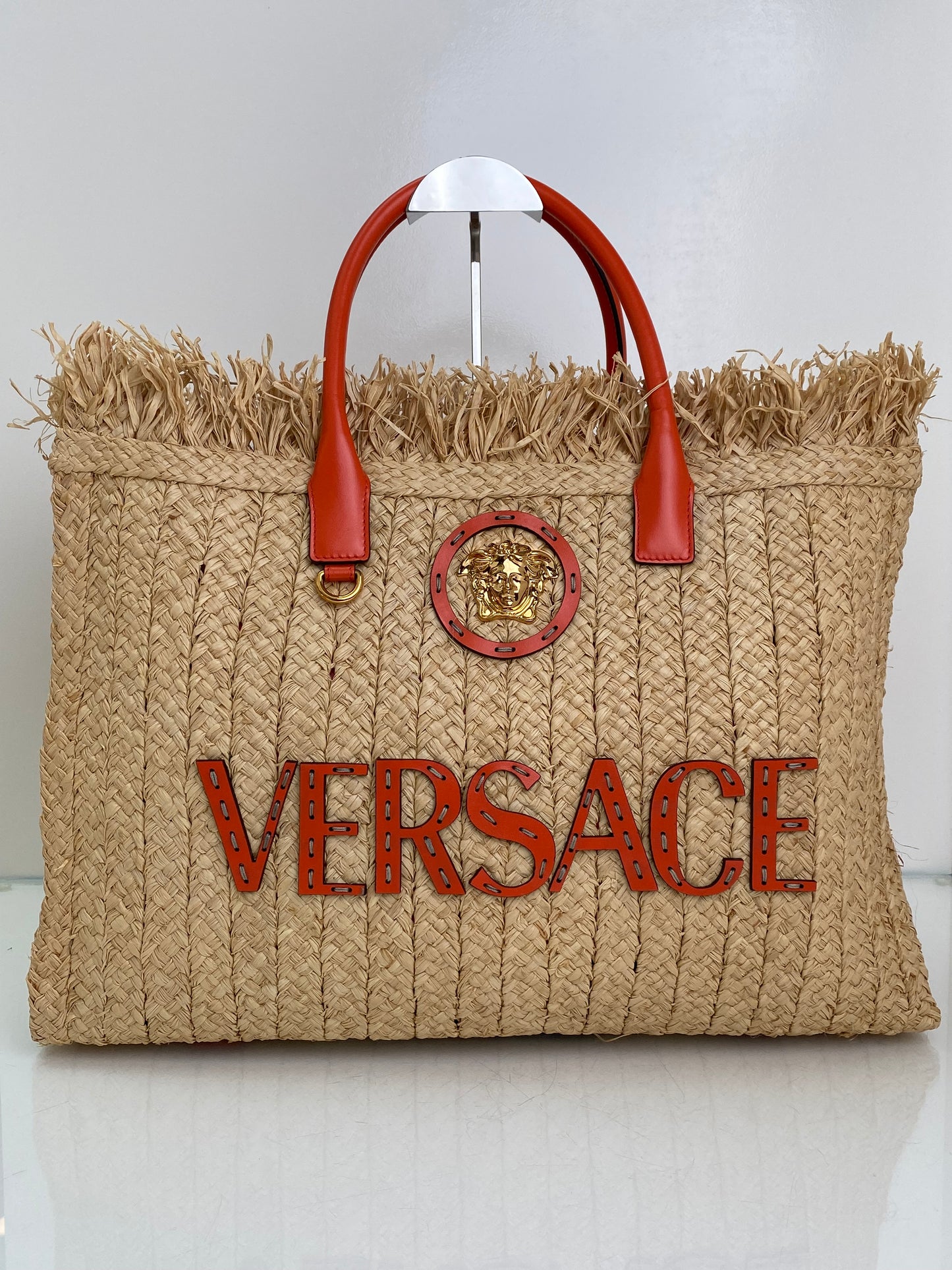 Versace Tan & Orange Raffia La Medusa Tote Bag GHW