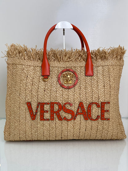 Versace Tan & Orange Raffia La Medusa Tote Bag GHW