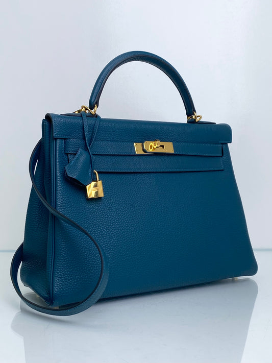 Hermes Kelly 32 Blue Turquoise Clemence GHW #R