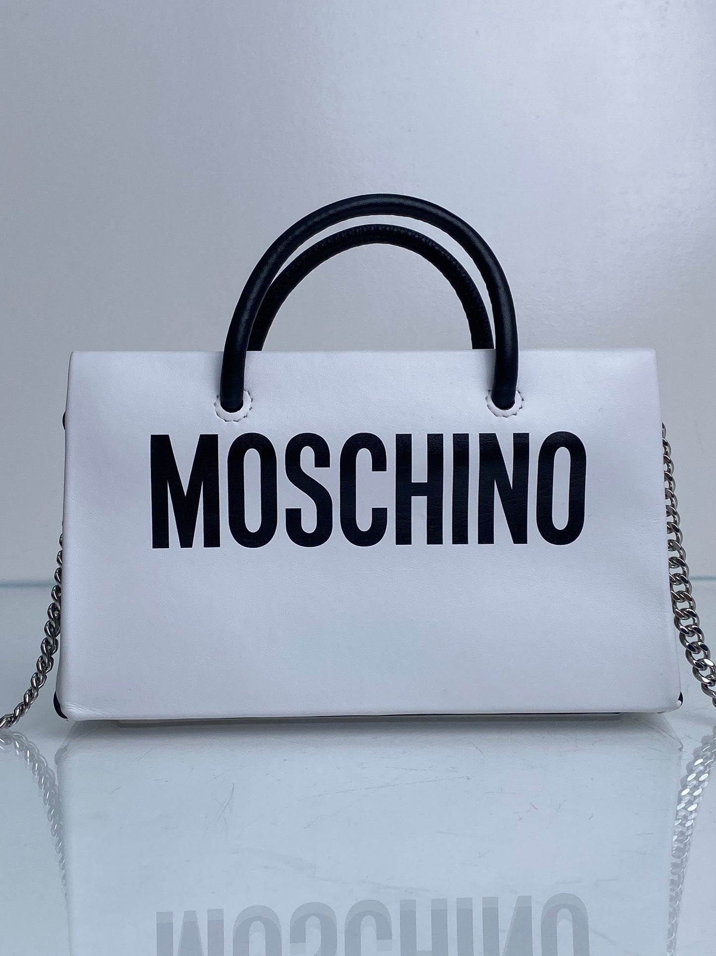 Moschino White & Black Leather Top Handle Small Bag SHW