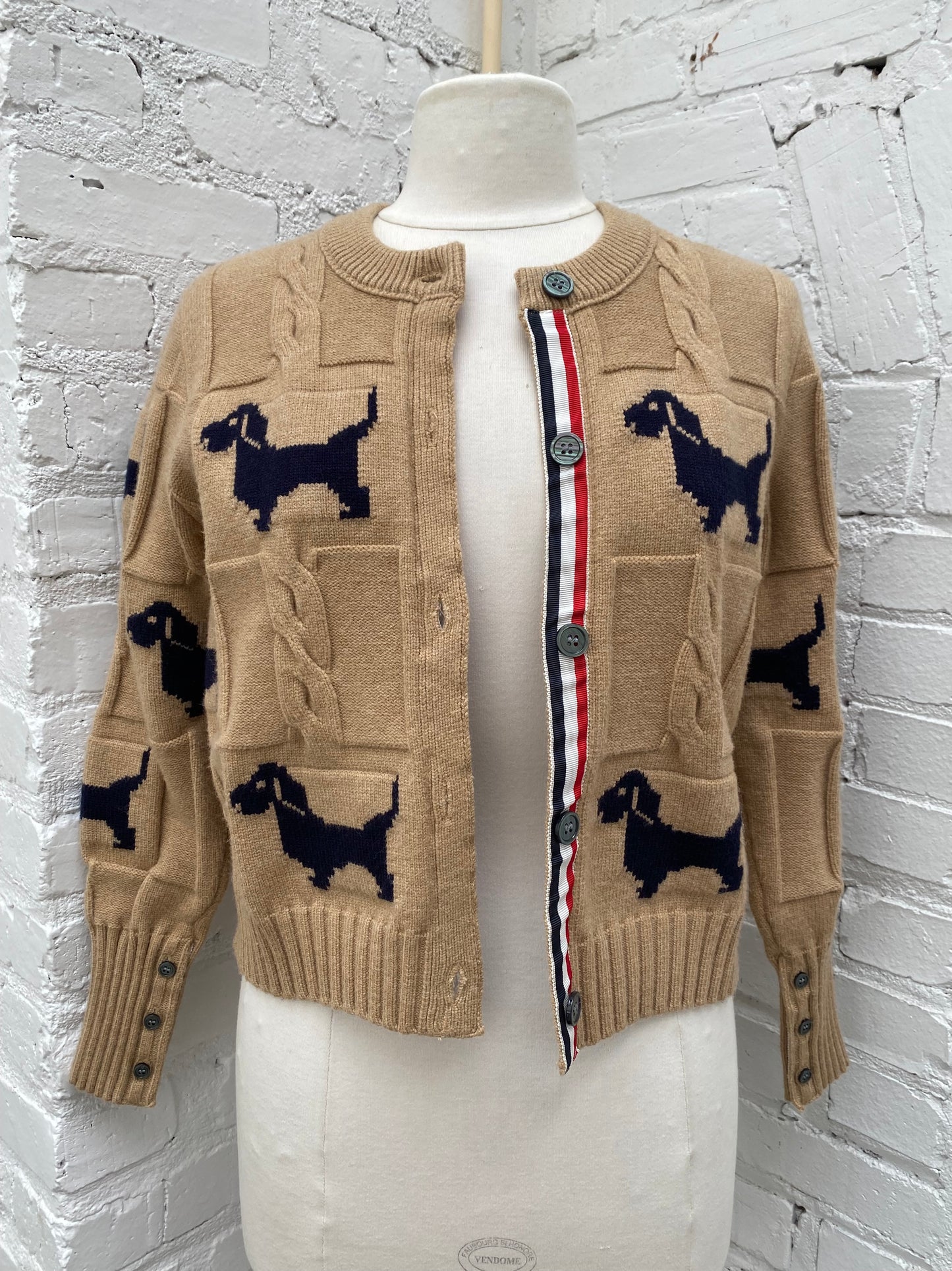Thom Browne Beige & Black Hector Dog Cardigan, EST XS/S