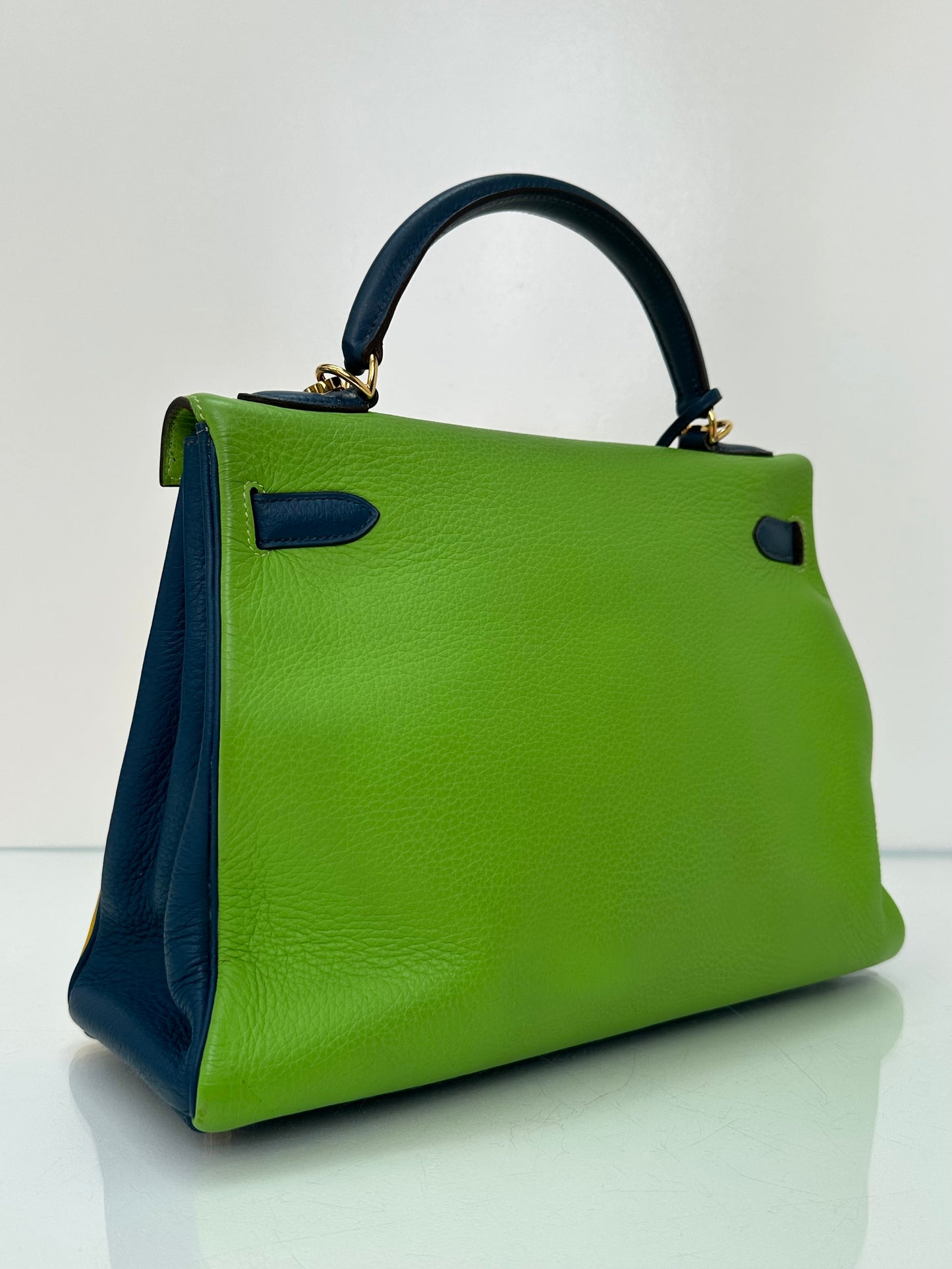 Hermes Kelly 32 Vert Cru, Jaune, and Blue Thalassa Clemence GHW #G