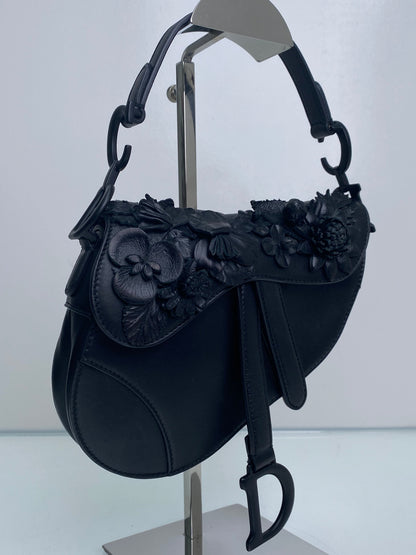 Christian Dior Black Lambskin Floral Appliqué Mini Saddle Bag BHW