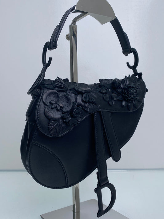 Christian Dior Black Lambskin Floral Appliqué Mini Saddle Bag BHW