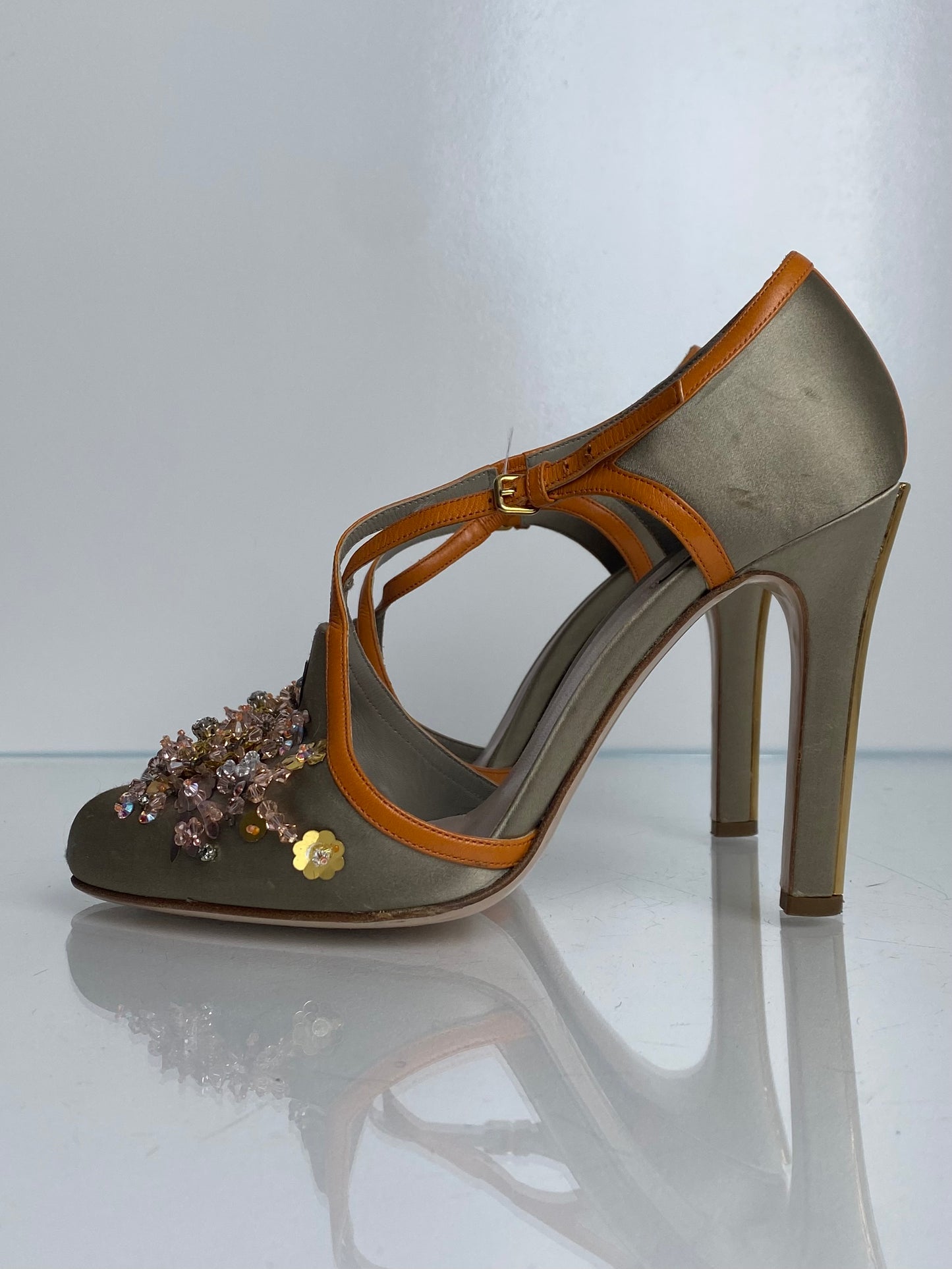 Miu Miu Grey/Orange Silk Floral Embellished Heels, 39