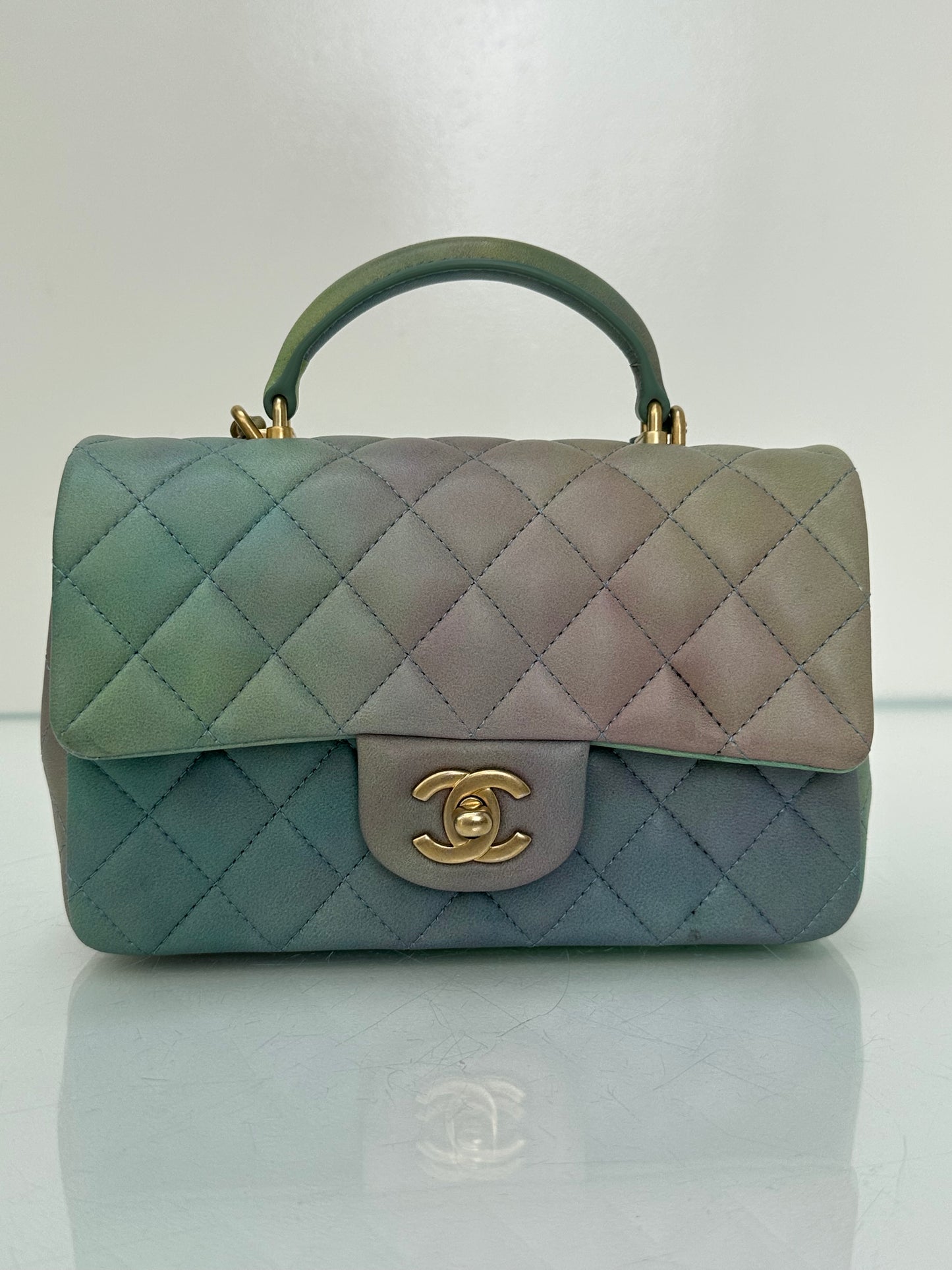 Chanel Green, Purple, & Blue Gradient Mini Rectangle Top Handle Bag GHW 22S