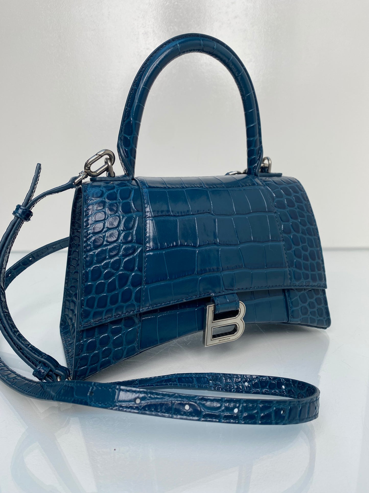 Balenciaga Teal Croc Embossed S Handle Hourglass Bag