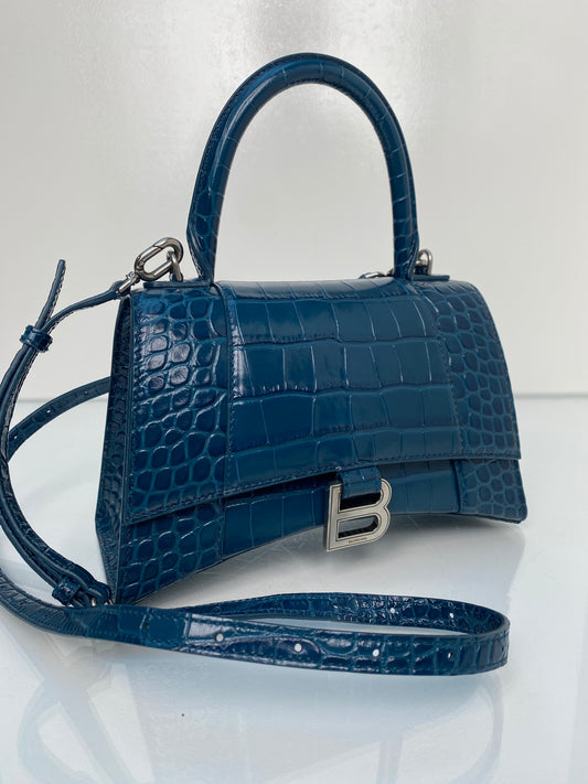 Balenciaga Teal Croc Embossed S Handle Hourglass Bag