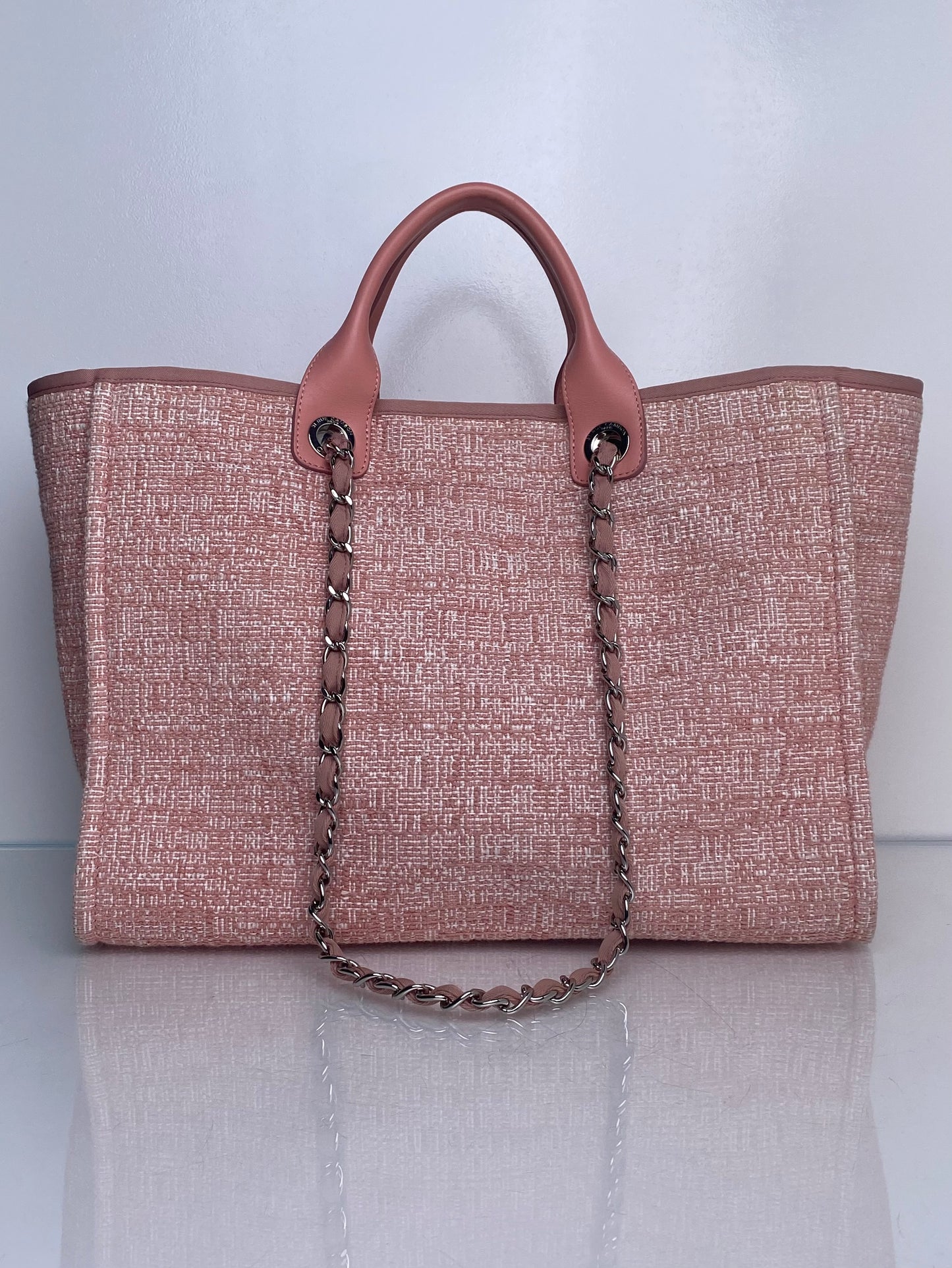 Chanel Pink Glitter Deauville Tweed Medium Tote Bag SHW