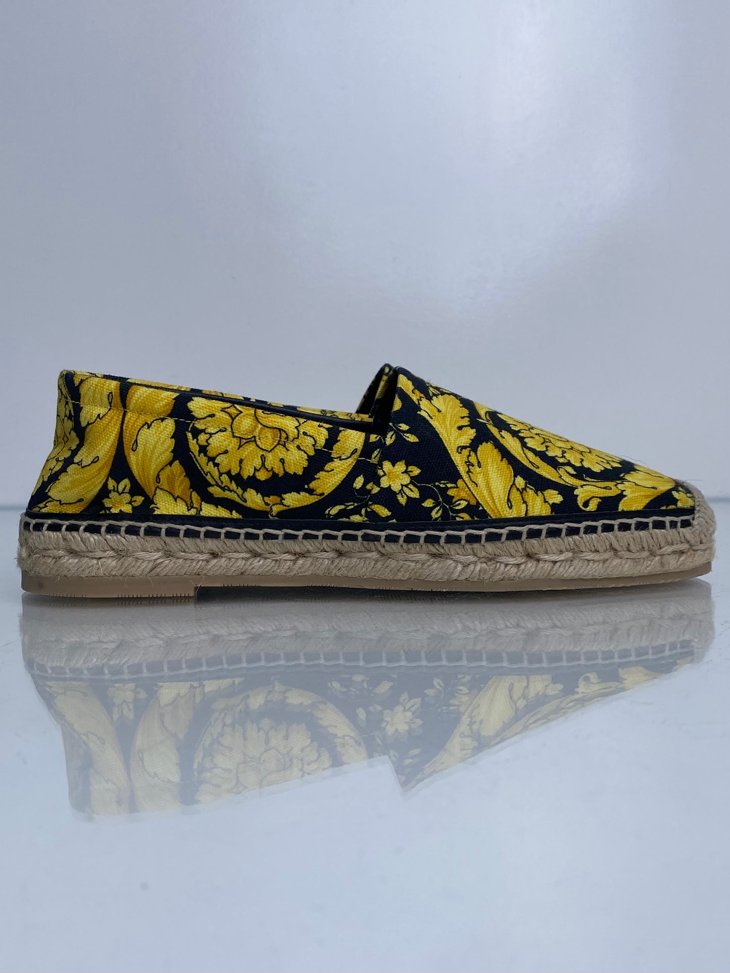 Versace Gold & Black Patterned Canvas Espadrille Flats, 39