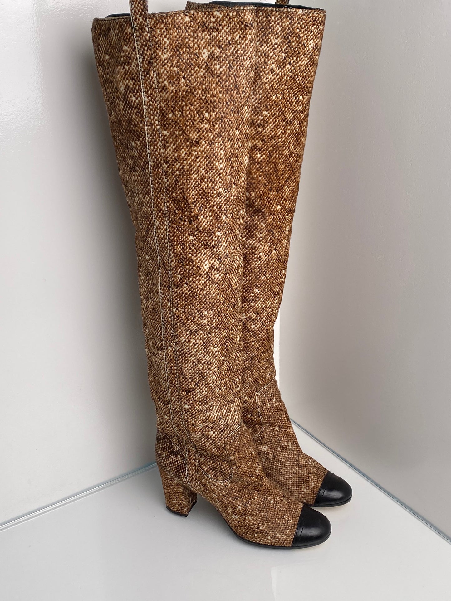 Chanel Brown & White Tweed Thigh High Boots, 41