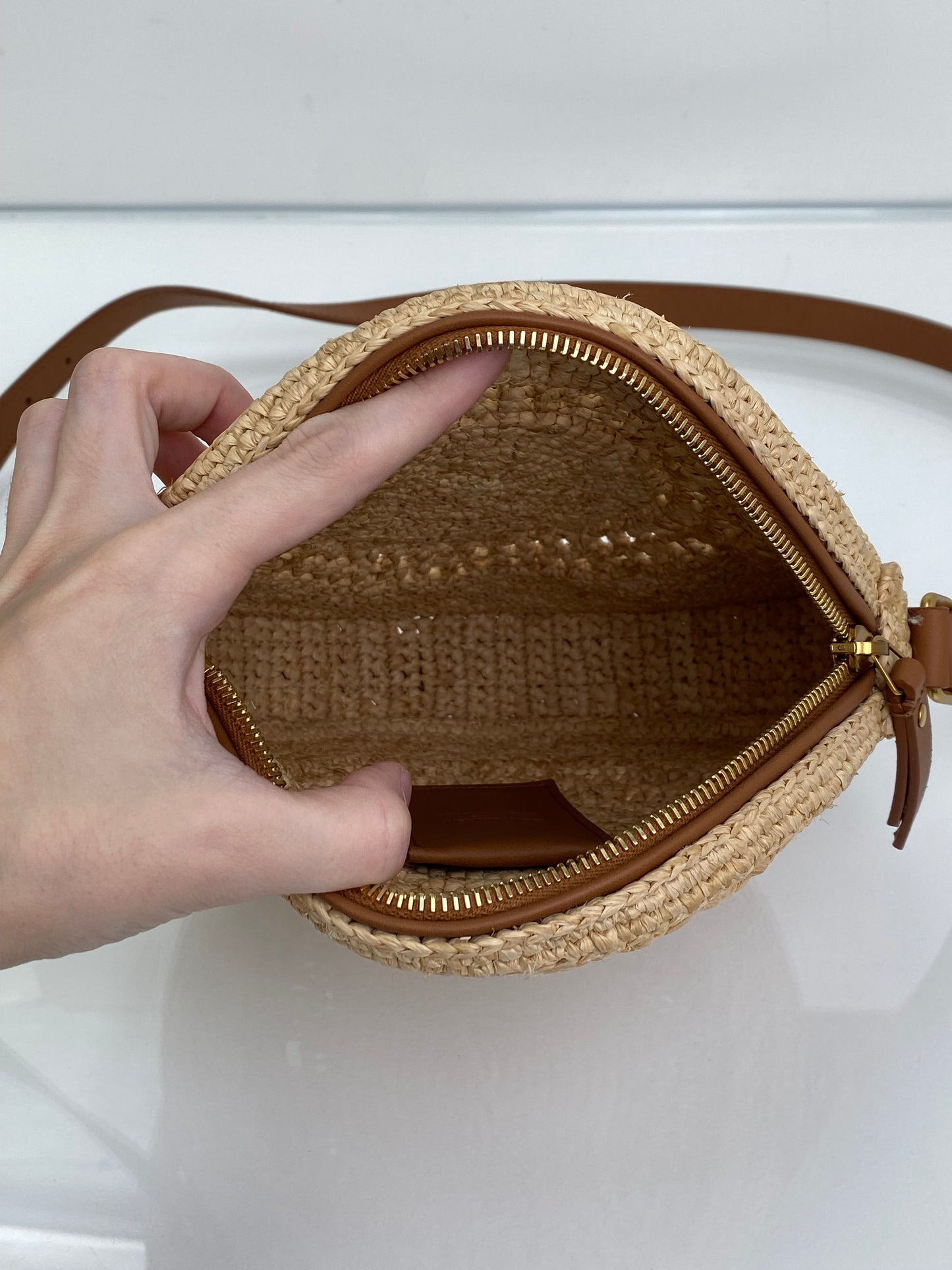 Saint Laurent Tan Raffia Logo Circular Bag GHW