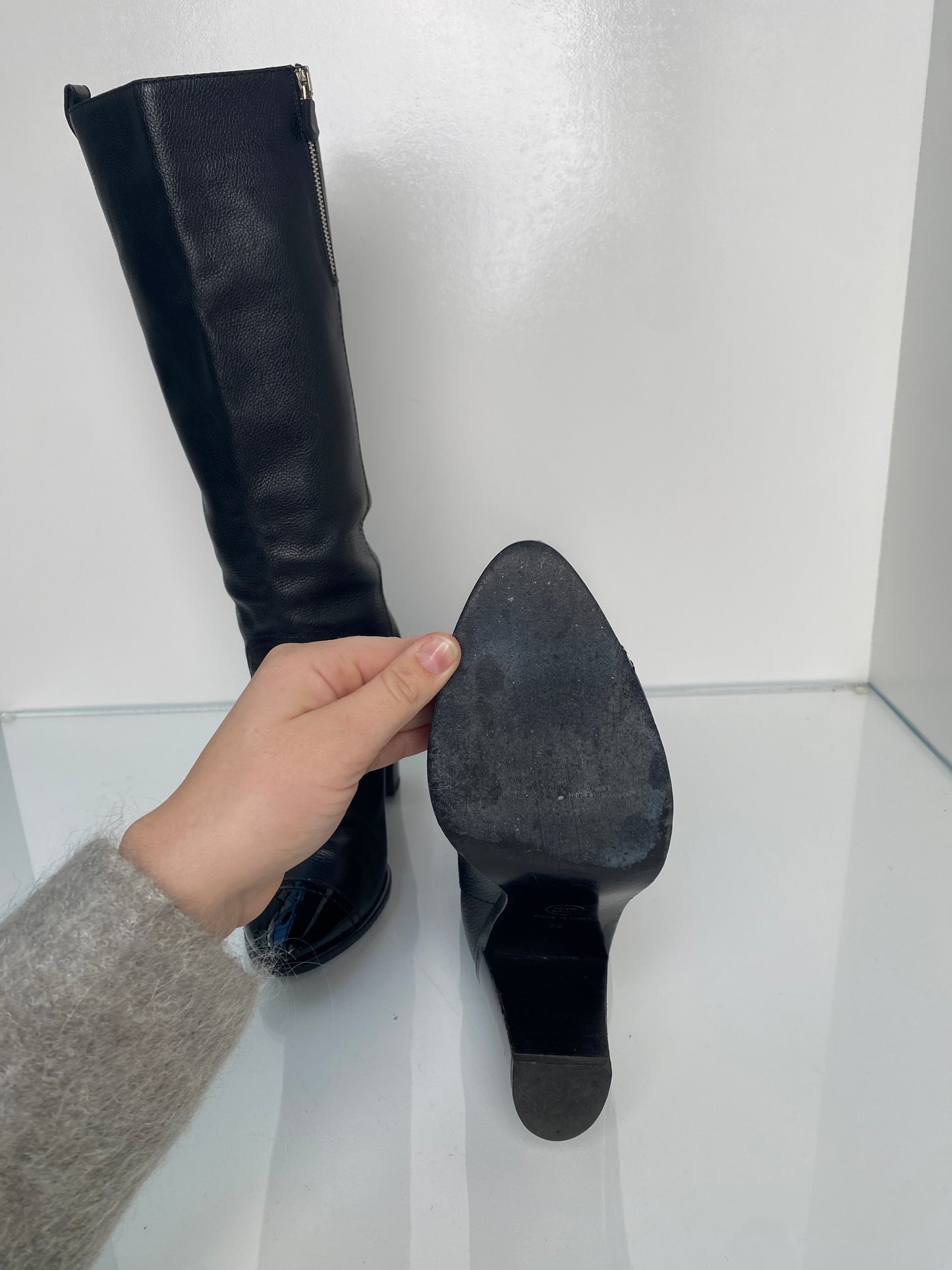 Chanel Tall Black Leather Heeled Boots, 39