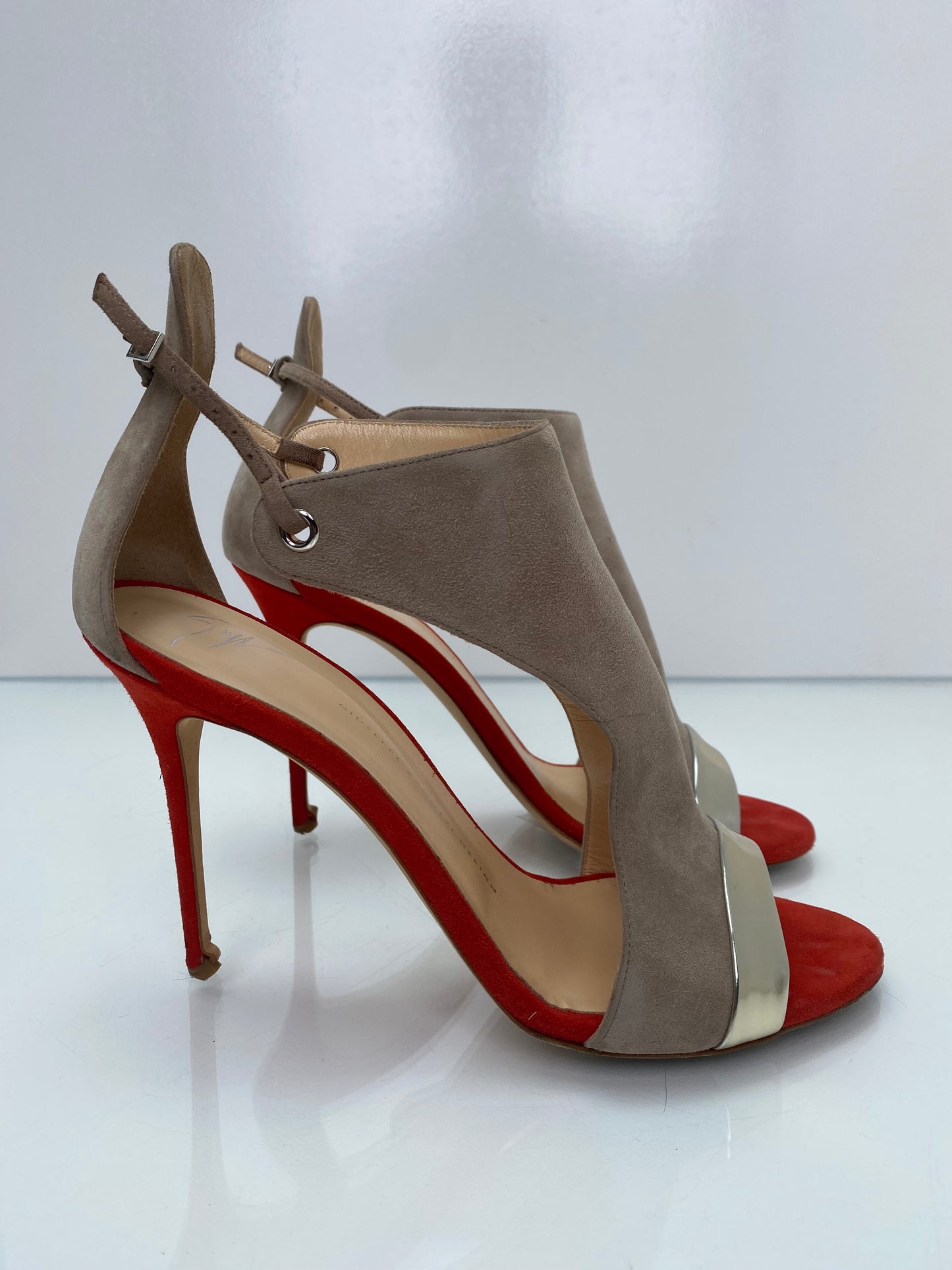 Giuseppe Zannoti Taupe, Red, & Metallic Mistico Heels, 11