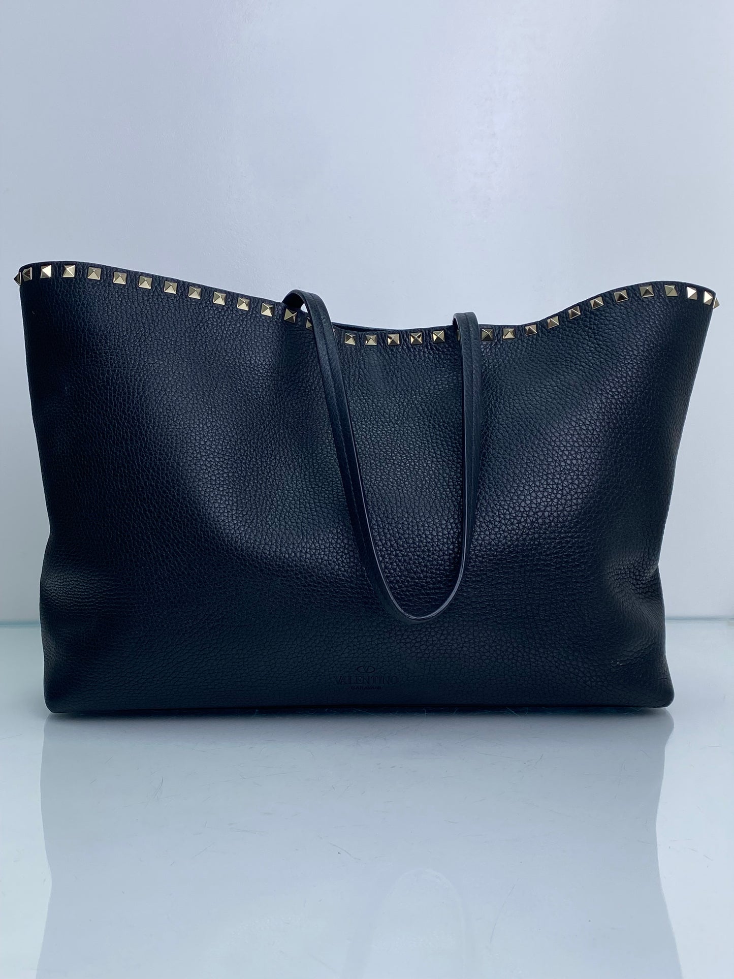 Valentino Black Grained Calfskin Rockstud Accent Tote Bag LGHW