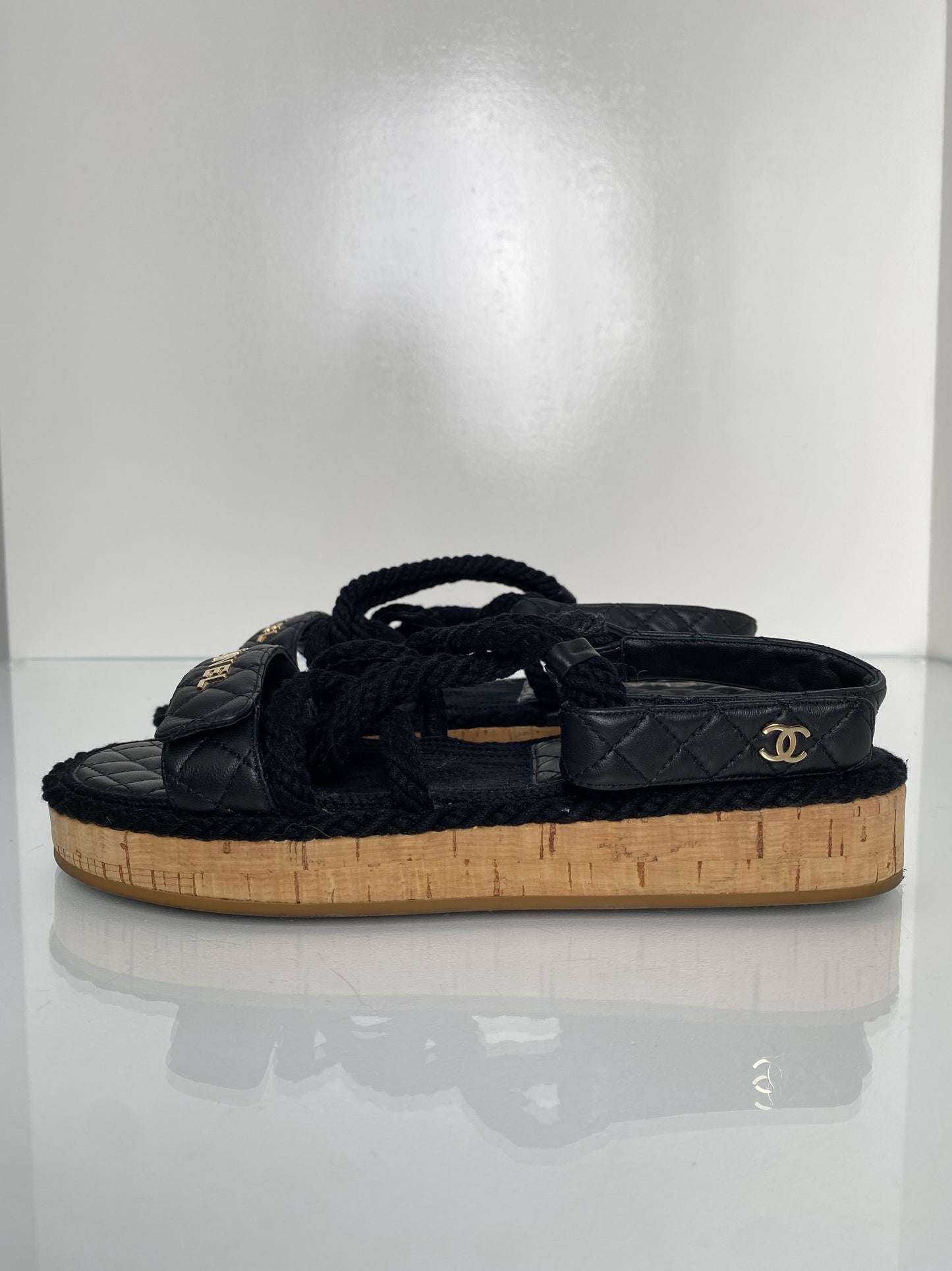 Chanel Black Logo Quilted Rope Sandals, 40