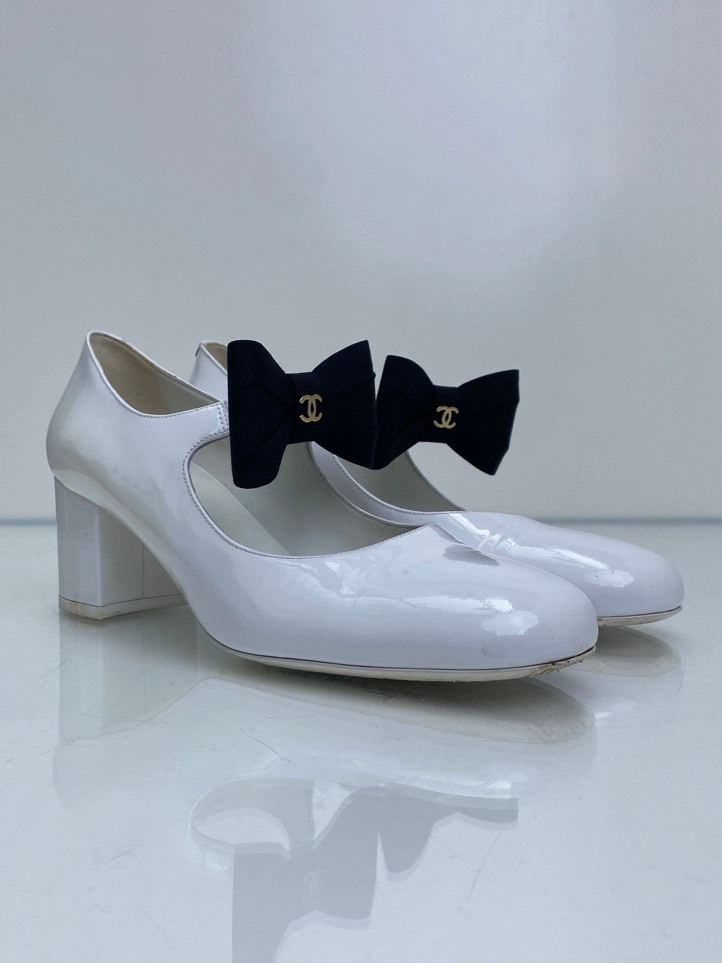 Chanel White Patent Mary Jane Heels, 42