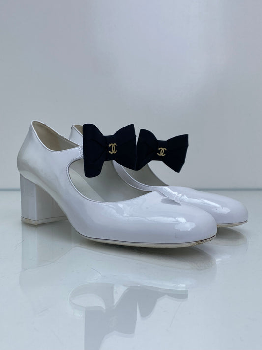 Chanel White Patent Mary Jane Heels, 42