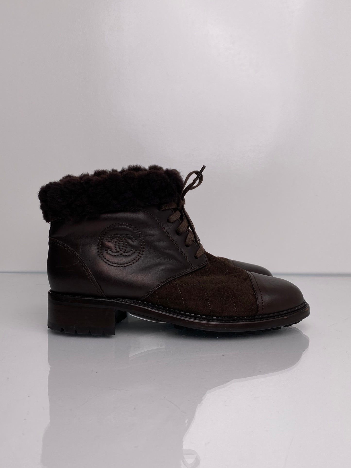 Chanel Brown Suede & Shearling Ankle Boots, 39