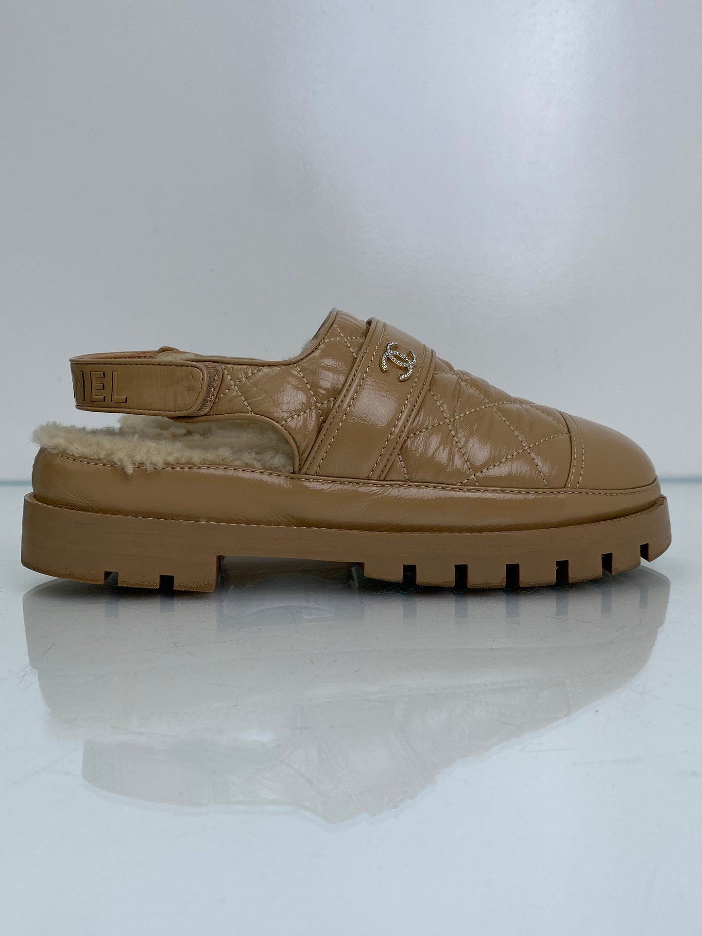 Chanel Beige Patent Leather & Shearling CC Clogs, 40