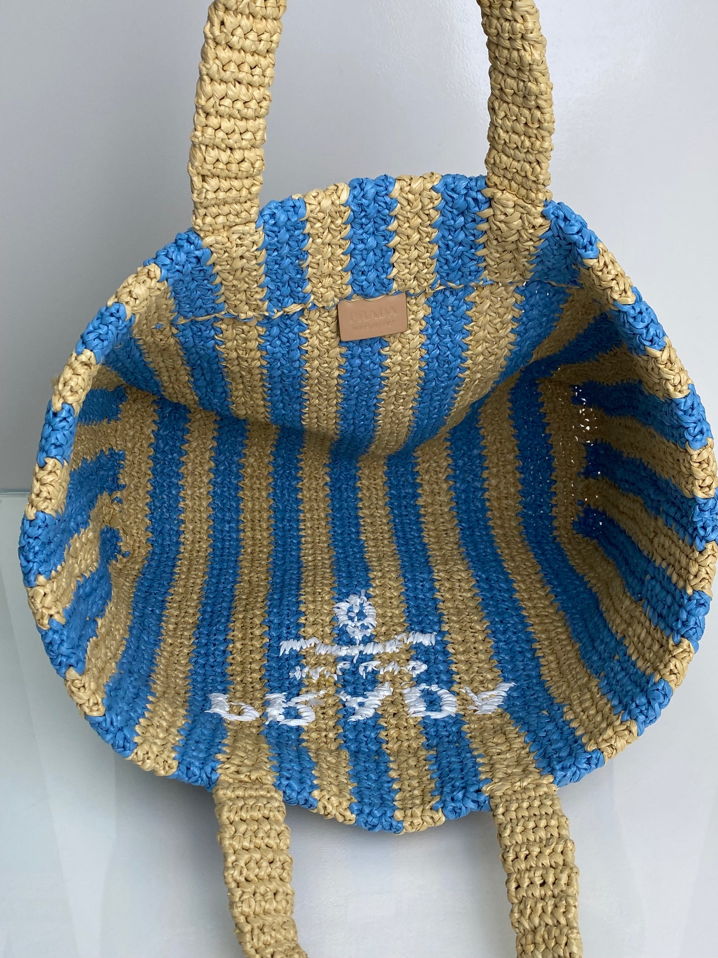 Prada Tan & Blue Striped Raffia Tote Bag SHW