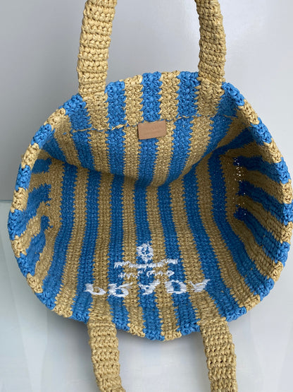 Prada Tan & Blue Striped Raffia Tote Bag SHW