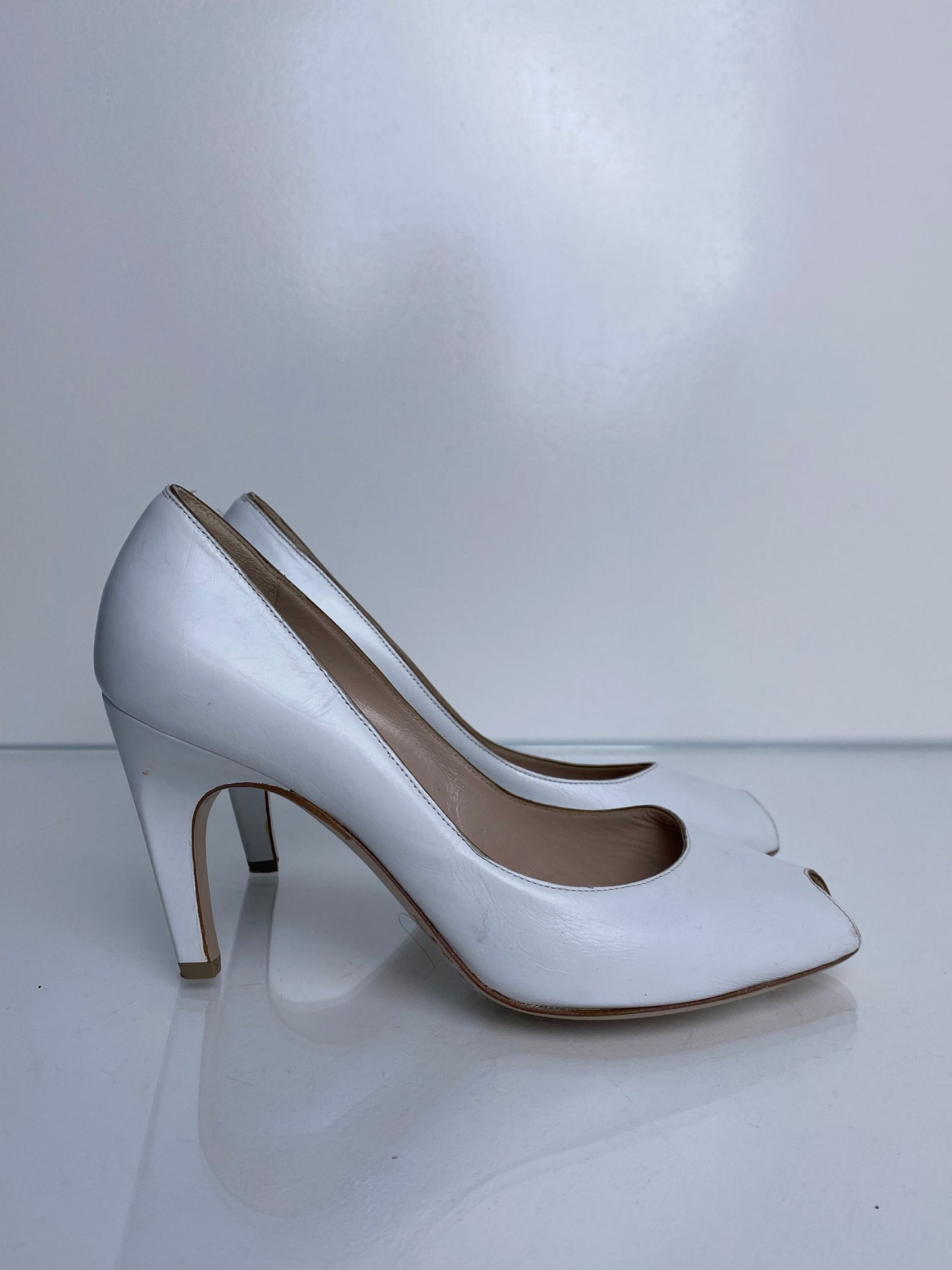 Salvatore Ferragamo White Leather Peep Toe Heels, 7.5